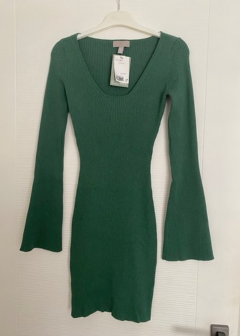 H&M Uzun Kollu Yeşil Triko Midi Elbise - Görsel 2