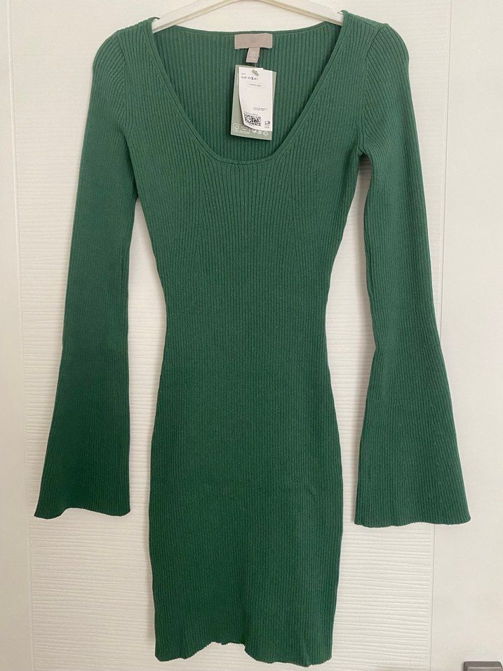 H&M Uzun Kollu Yeşil Triko Midi Elbise - Görsel 3