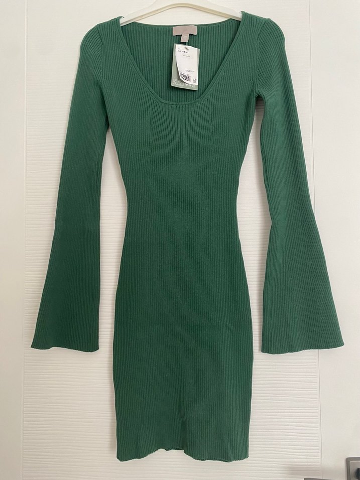 H&M Uzun Kollu Yeşil Triko Midi Elbise - Görsel 4