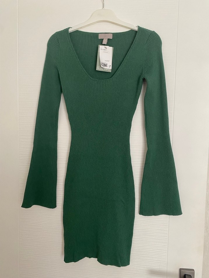 H&M Uzun Kollu Yeşil Triko Midi Elbise - Görsel 2