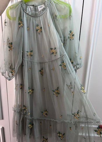 Zara Nakışlı Bohem Uzun mint yeşili Elbise