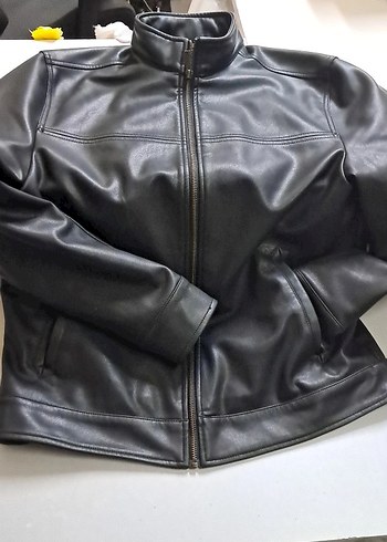 Siyah Deri Biker Ceket, Kemerli, Uzun Kollu - Görsel 2