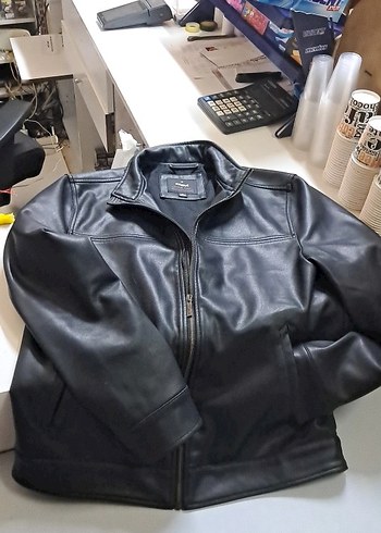 Siyah Deri Biker Ceket, Kemerli, Uzun Kollu - Görsel 7