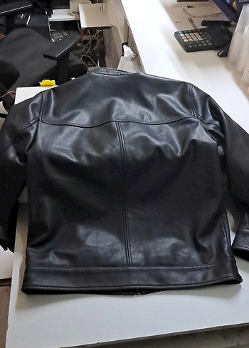 Siyah Deri Biker Ceket, Kemerli, Uzun Kollu - Görsel 4