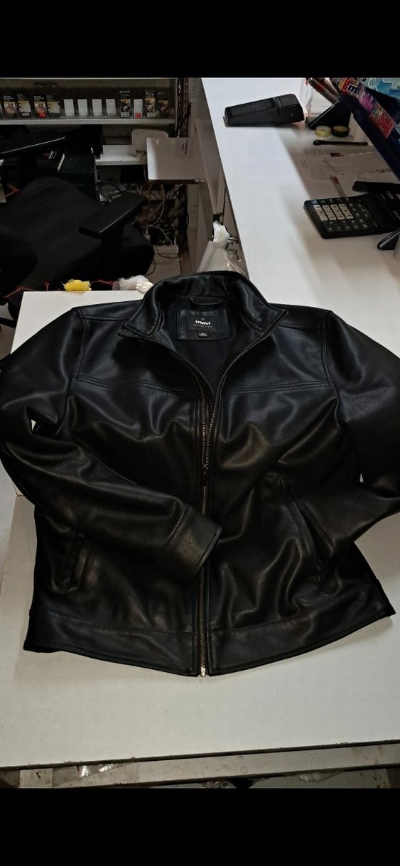 Siyah Deri Biker Ceket, Kemerli, Uzun Kollu - Görsel 3