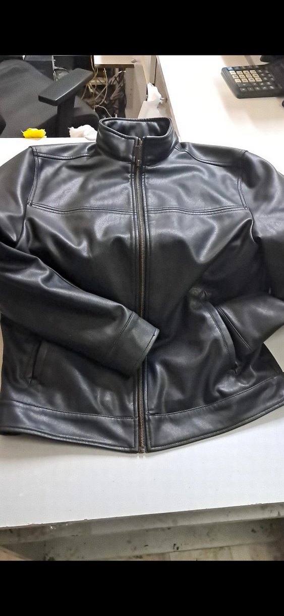 Siyah Deri Biker Ceket, Kemerli, Uzun Kollu - Görsel 2