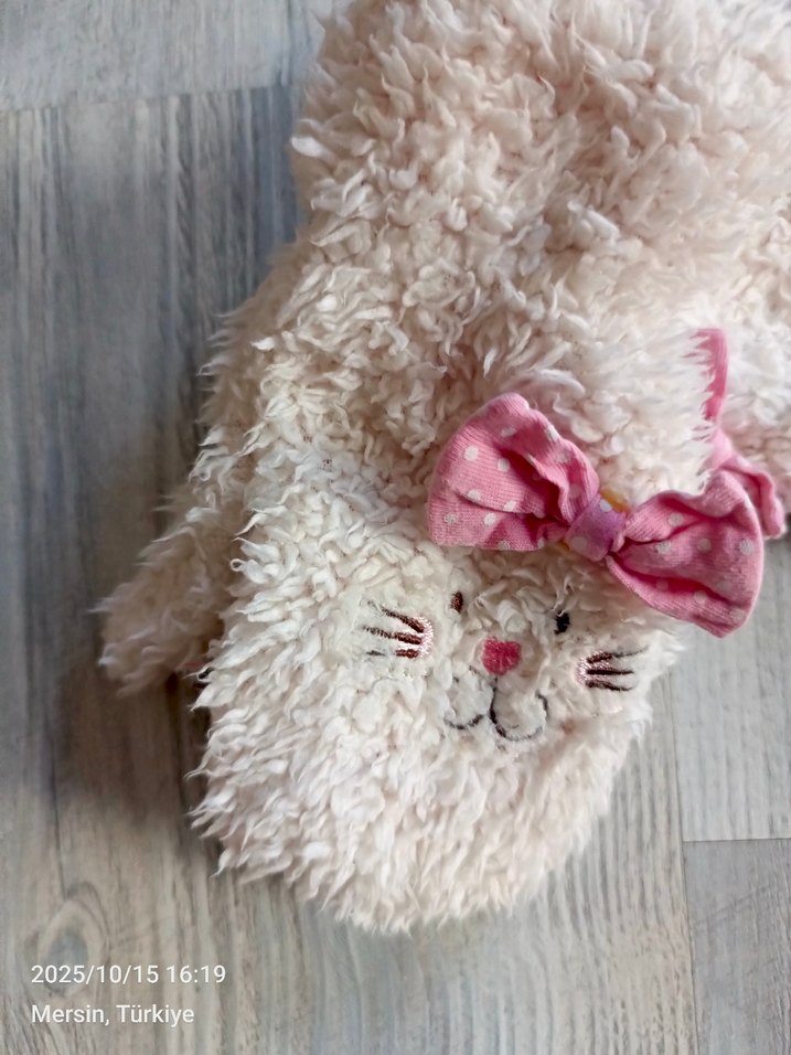 Kız Çocuk Beyaz Nakışlı Peluş eldiven - Görsel 3