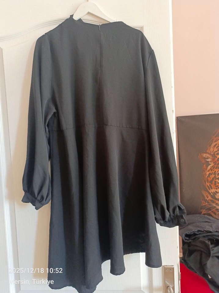 Drapeli Siyah Uzun Kollu Kadın elbise - Görsel 5