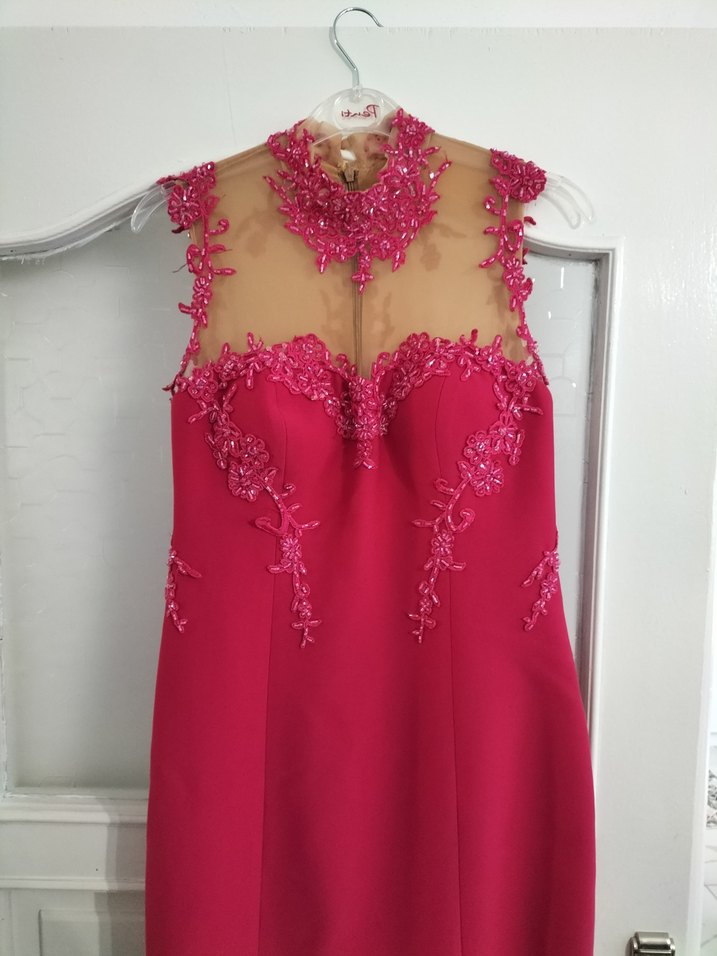 Fuşya İşlemeli Straplez Uzun Abiye Elbise - Görsel 5