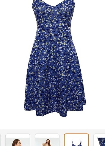s Beden Mavi çiçek desenli sırt dekolteli mini askılı krep askılı elbise