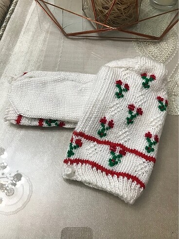universal Beden beyaz Renk Kiraz desenli yün örgü patik çorap