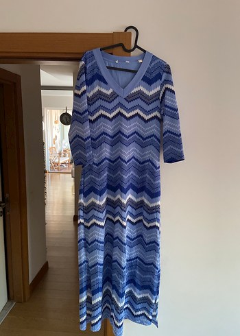 Mavi Gri Batik Desenli V Yaka Triko Elbise