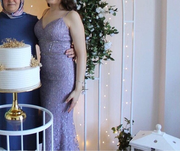 40 Beden mor Renk Pierre Cardin Dantelli Lila Abiye - Nişan Elbisesi