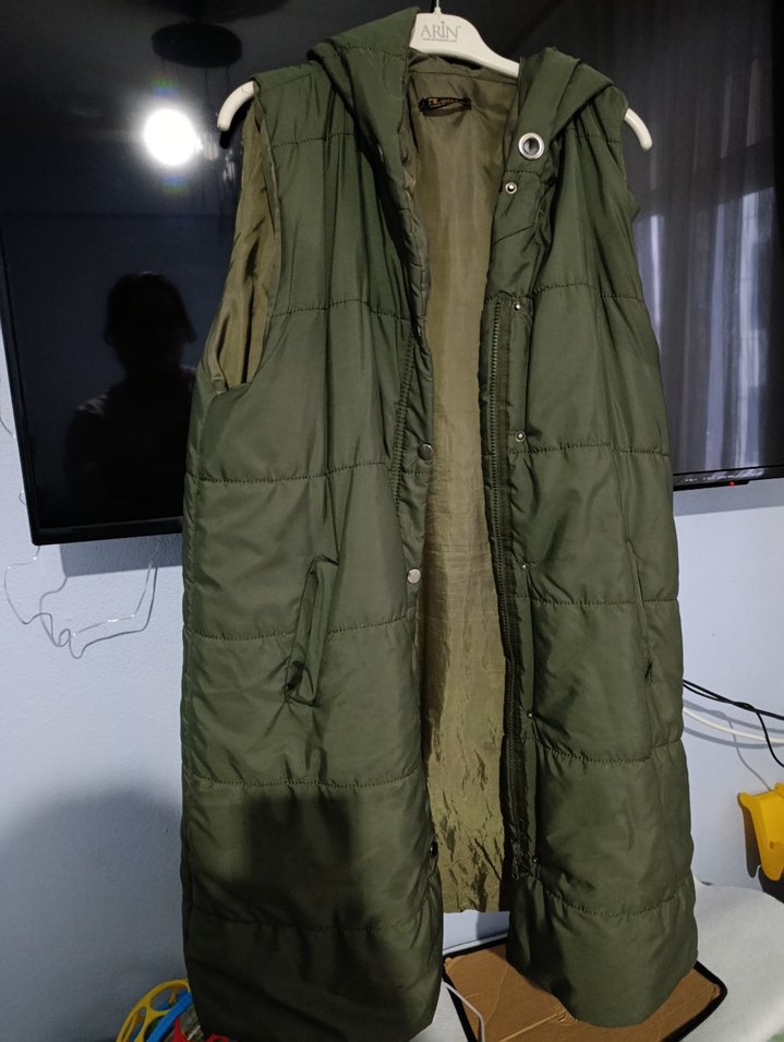 Kadın Haki Kapüşonlu Midi Yelek - Görsel 2