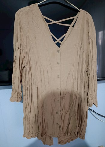 Bej V Yakalı Uzun Keten Kadın Gömlek - Görsel 2