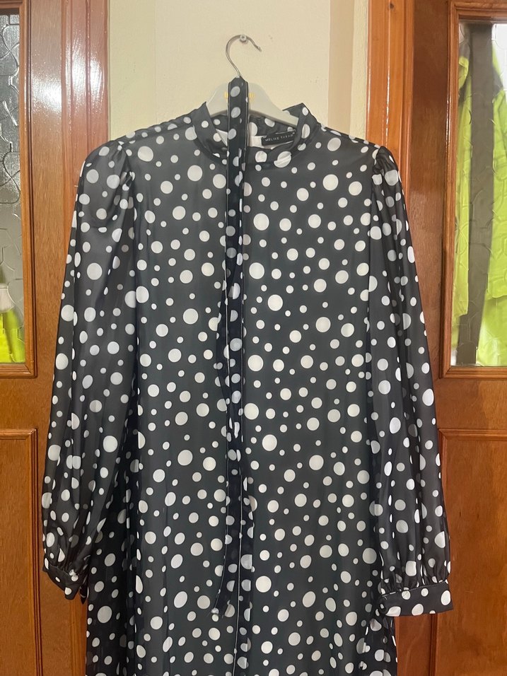 Melike tatar Uzun şifon  Puantiyeli lacivert gri - Görsel 4