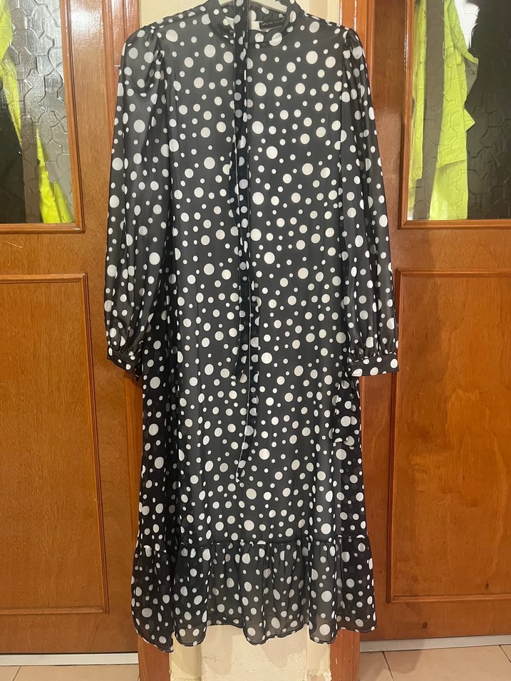 Melike tatar Uzun şifon  Puantiyeli lacivert gri - Görsel 3