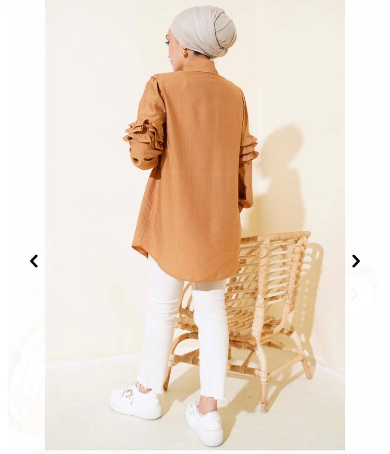 Bej Renkli Fırfırlı Uzun Kollu Kadın Gömlek - Görsel 3