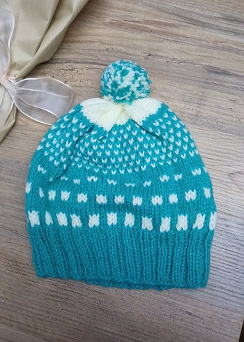 Turkuaz Renkli etnik desen Örgü Kadın Bere - Görsel 2