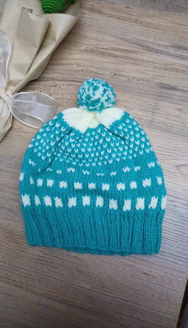 Turkuaz Renkli etnik desen Örgü Kadın Bere - Görsel 2