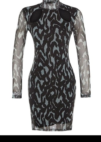 Şeffaf Detaylı Siyah Gri Mini Elbise - Görsel 2