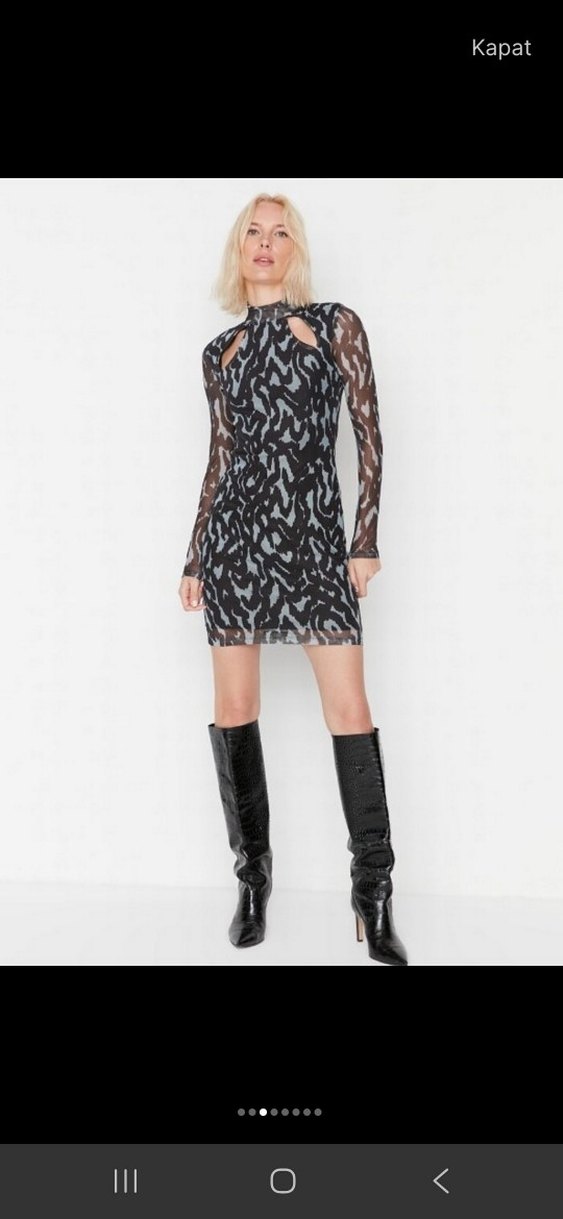 Şeffaf Detaylı Siyah Gri Mini Elbise - Görsel 4