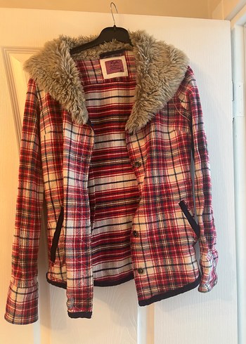 Kürk Detaylı Kırmızı Ekose Kadın Midi Kaban - Görsel 2