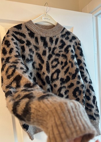 Leopar Desenli Kahverengi Örgü Kadın Kazak - Görsel 2