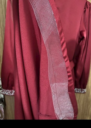 Kemerli Bordo Uzun Kollu Saten Elbise - Görsel 3