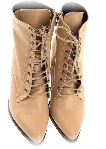 Bej Deri Kadın Topuklu Bağcıklı Bot - Görsel 3