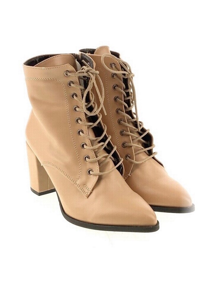 Bej Deri Kadın Topuklu Bağcıklı Bot - Görsel 2