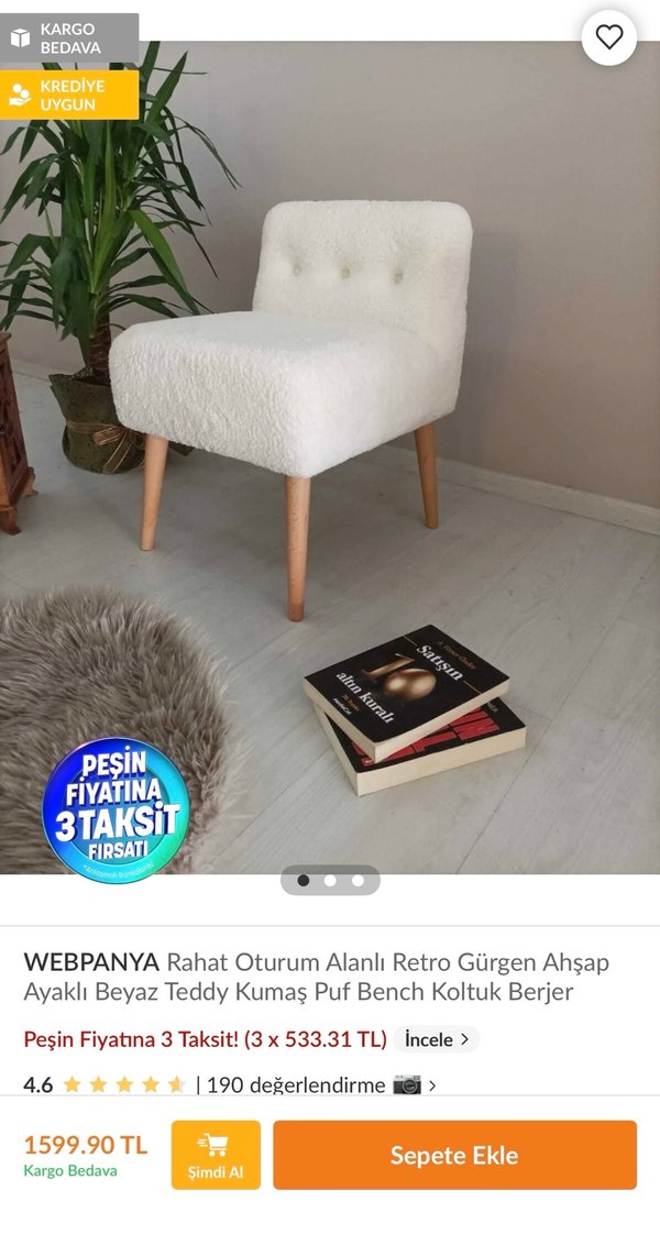 Beyaz Teddy Kumaşlı Ahşap Ayaklı Berjer - Görsel 4