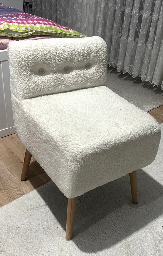 Beyaz Teddy Kumaşlı Ahşap Ayaklı Berjer - Görsel 3