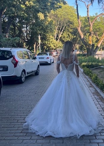 V Yaka, Askılı Midi Beyaz Gelinlik - Görsel 3