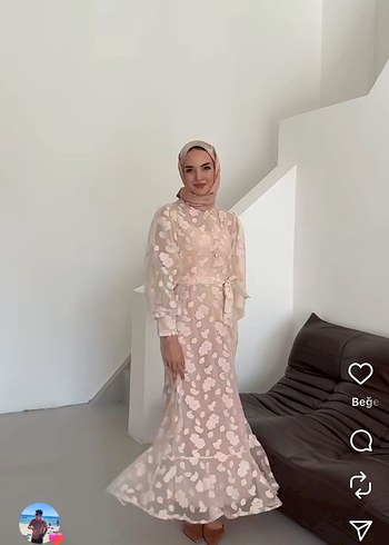 42 Beden Bej Nakışlı Uzun Kollu Bohem Elbise