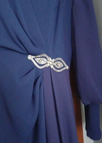 Uzun Kollu Lacivert Drapeli Abiye Elbise - Görsel 2