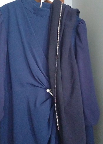 Uzun Kollu Lacivert Drapeli Abiye Elbise - Görsel 6