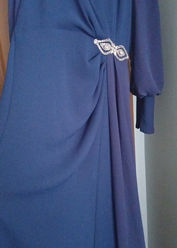 Uzun Kollu Lacivert Drapeli Abiye Elbise - Görsel 5