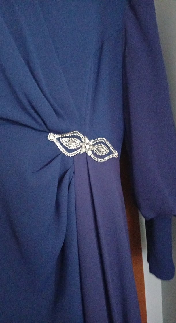 Uzun Kollu Lacivert Drapeli Abiye Elbise - Görsel 2