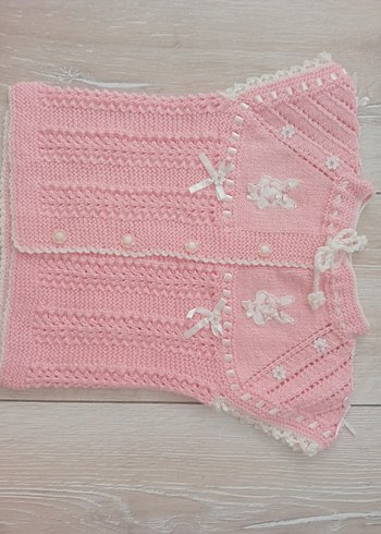el örgüsü Kız Çocuk Pembe Nakışlı Örgü Süveter