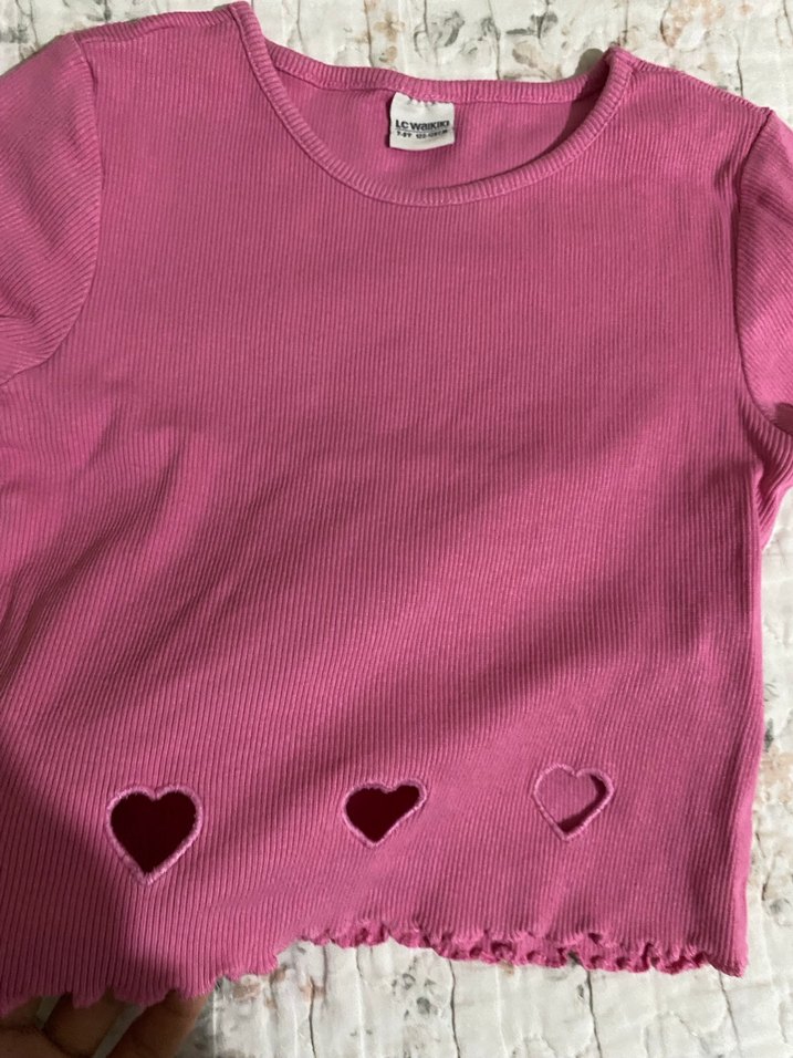 Dantel Detaylı Pembe Kız Çocuk Tişört - Görsel 2