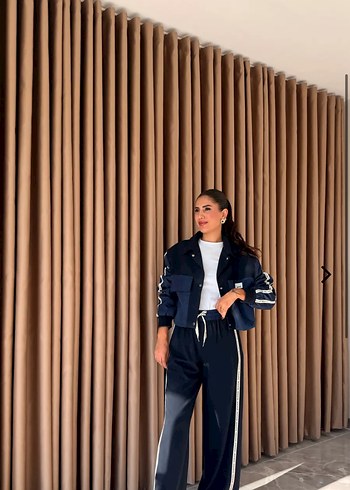 Çizgili Mavi Kadın Denim Eşofman Takımı - Görsel 3