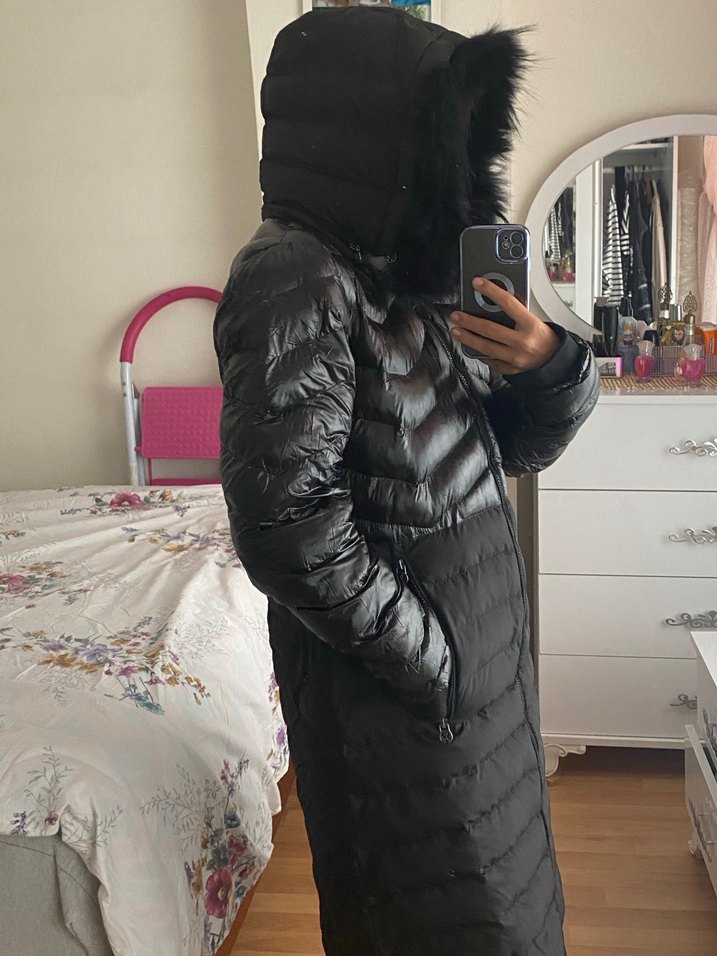 Kürklü Siyah Kadın Midi Mont - Görsel 3