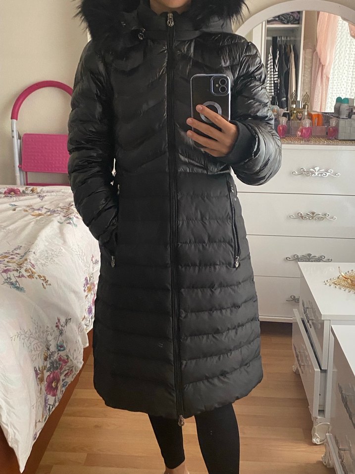 Kürklü Siyah Kadın Midi Mont - Görsel 2