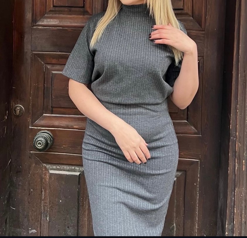 Gri Yüksek Yakalı Kadın Kalem Elbise - Görsel 2