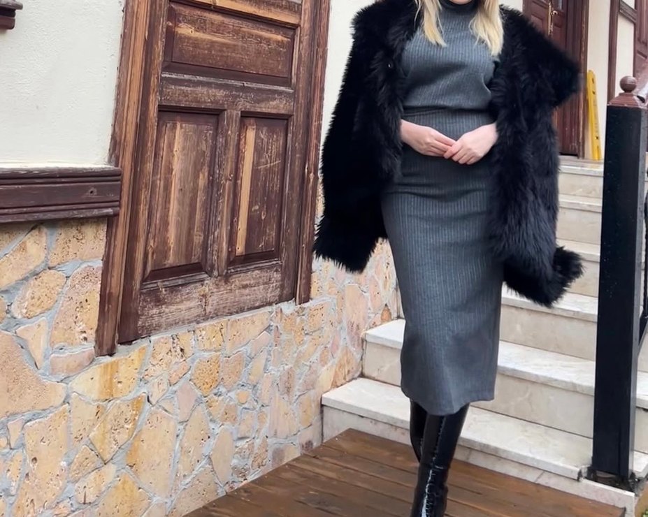 Gri Yüksek Yakalı Kadın Kalem Elbise - Görsel 3