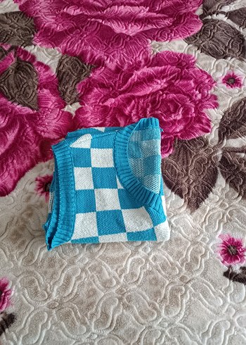 Mavi Ekose Desenli Örgü Kadın Süveter 
s-m uyumlu - Görsel 3