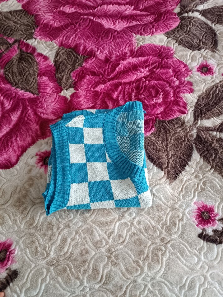 Mavi Ekose Desenli Örgü Kadın Süveter 
s-m uyumlu - Görsel 3