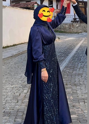 40 Beden Lacivert Drapeli Uzun Abiye Elbise