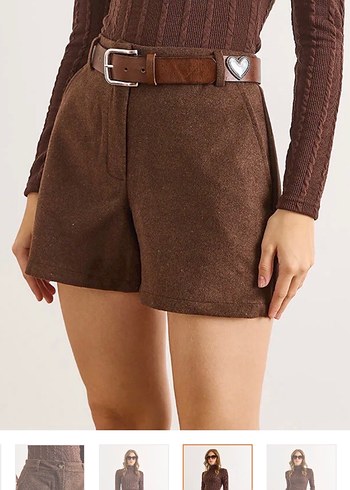 Kahverengi Kemerli Yüksek Bel Kaşe şort - Görsel 4